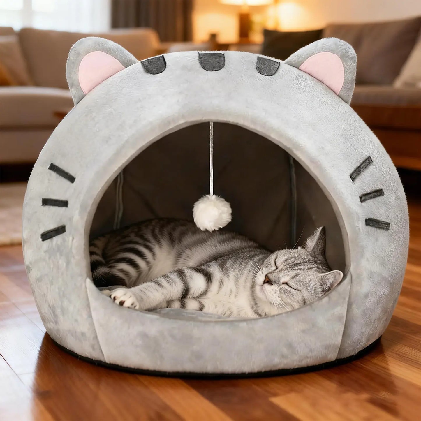 Premium Cozy Cat Cave Bed with Hanging Ball Toy - Semi-Enclosed Kitten House, Washable Inner Pillow, Soft & Breathable Indoor Nest