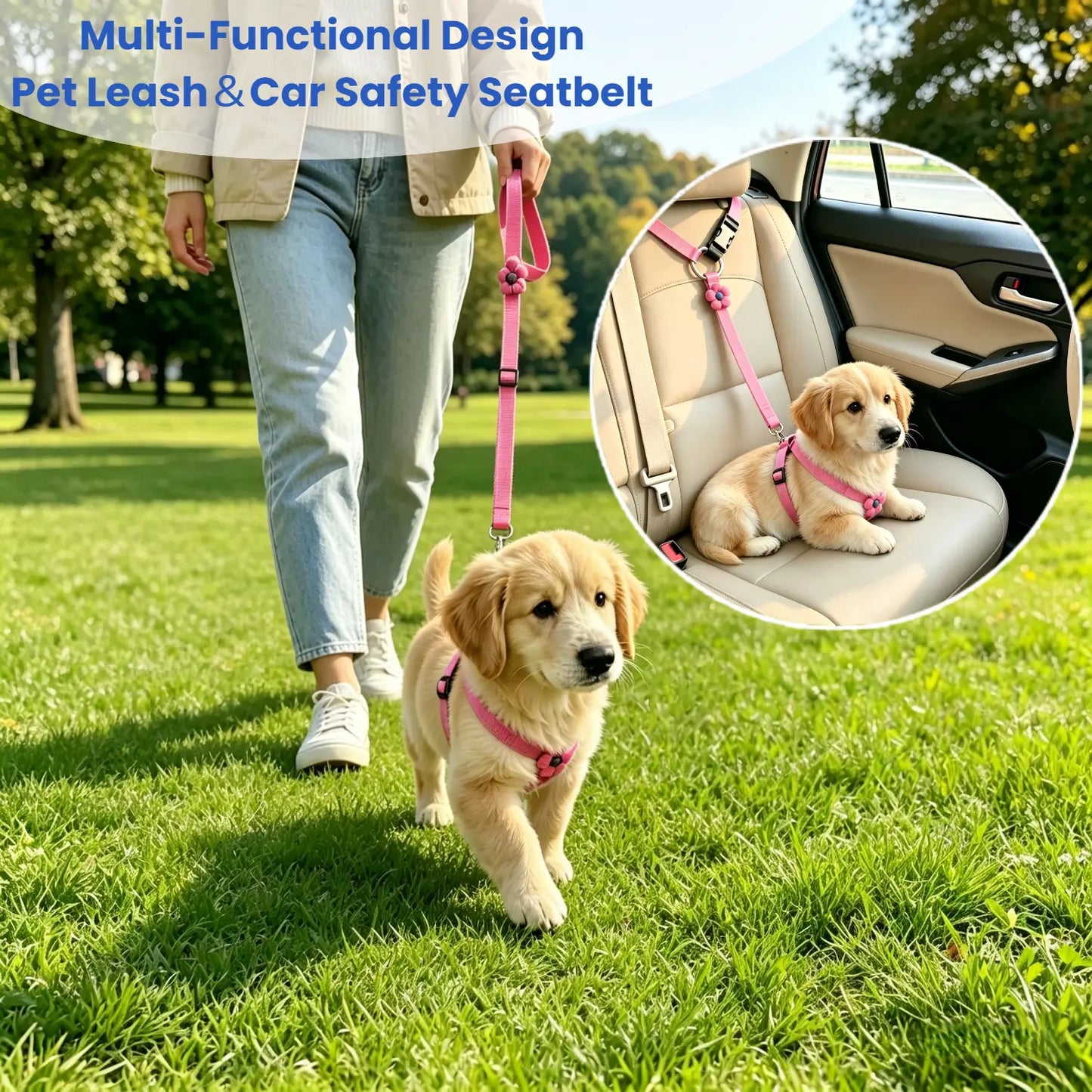 2-Pack Adjustable Dog Car Safety Seat Belt with Cute Leash