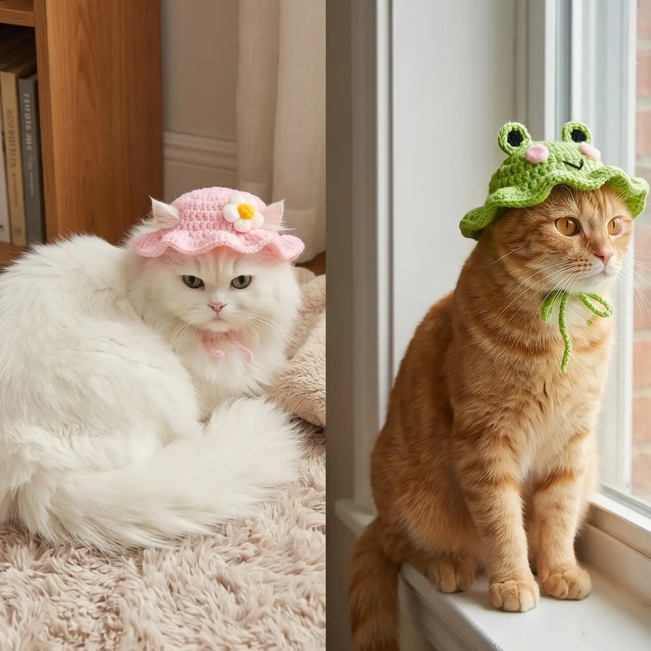 Handmade Knitted Cartoon Pet Hats - Set of 4 for Small Cats and Puppies, Soft Polyester Frog/Cat/Puppy Costume Headwear for Halloween, Birthdays, and Everyday Wear
