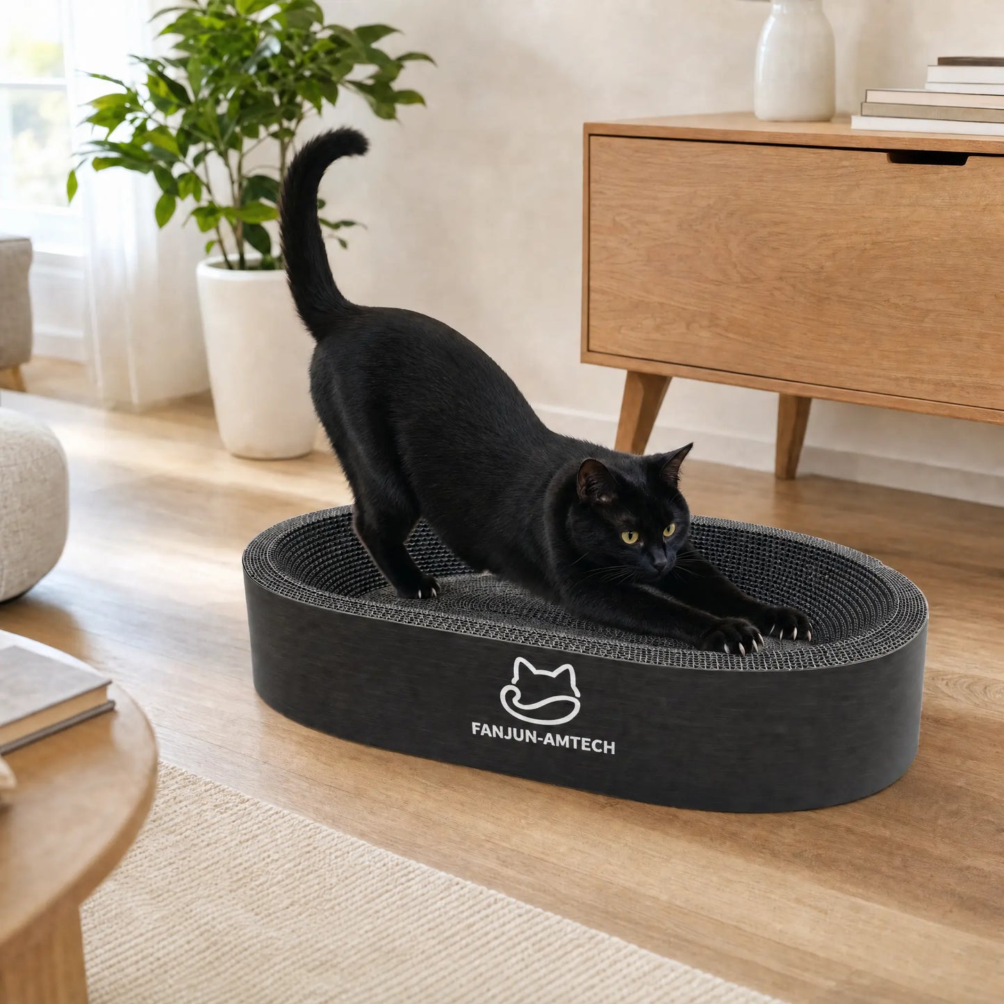Contemporary Black Oval Cat Scratcher Lounge - Premium Hardened Cardboard Bed and Elegant 2-in-1 Scratching Pad & Nest for Modern Home Decor