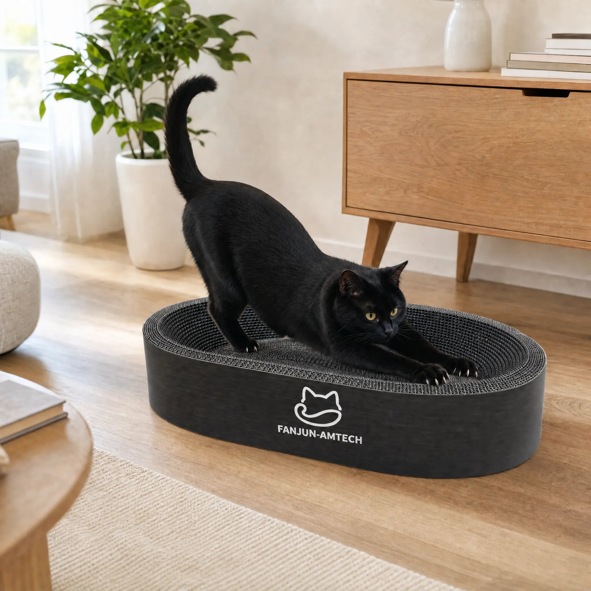 Contemporary Black Oval Cat Scratcher Lounge - Premium Hardened Cardboard Bed and Elegant 2-in-1 Scratching Pad & Nest for Modern Home Decor