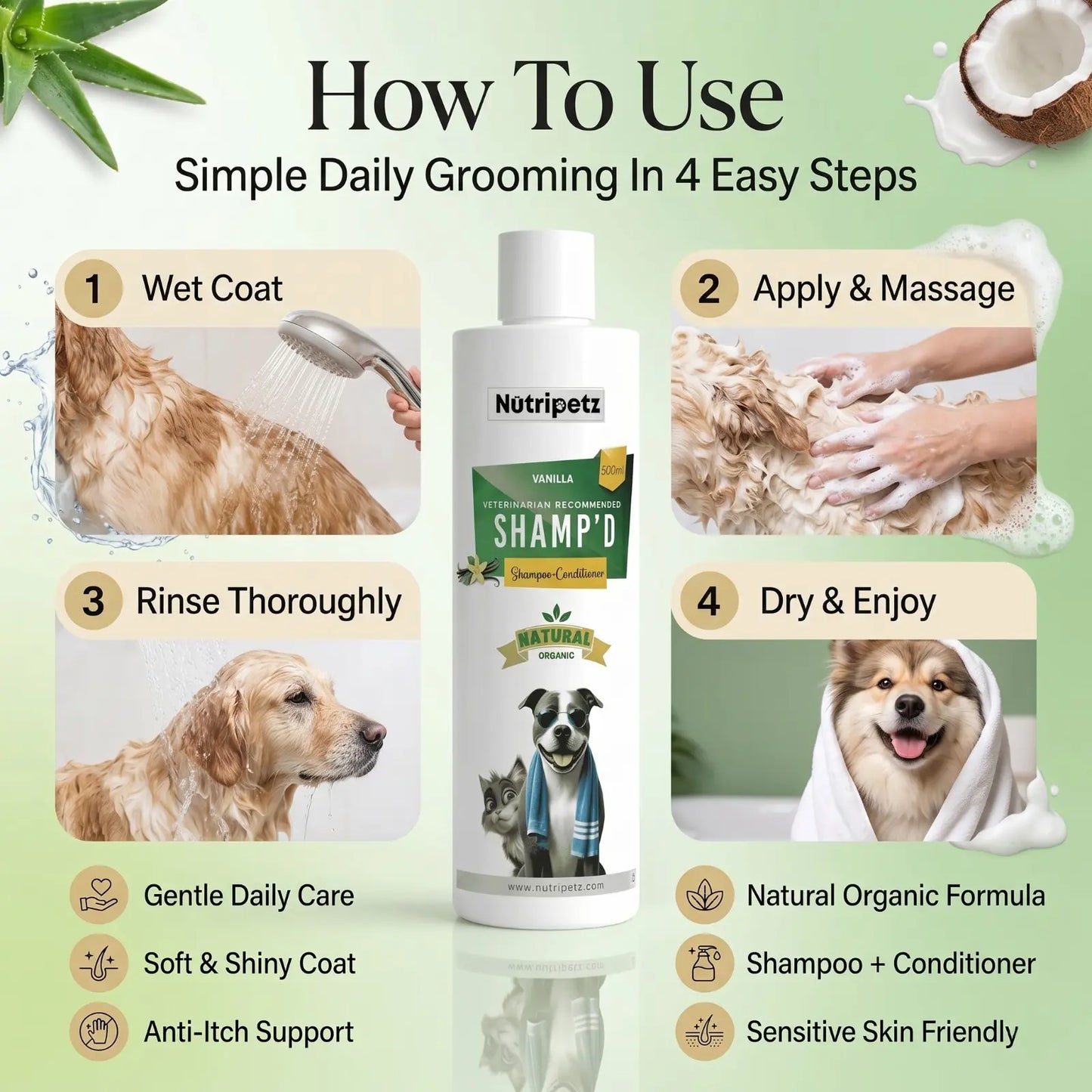 2-in-1 Pet Shampoo and Conditioner for Dogs and Cats – 500 ML Natural Aloe Vera and Coconut Formula | Anti-Itch Moisturizing Grooming Wash