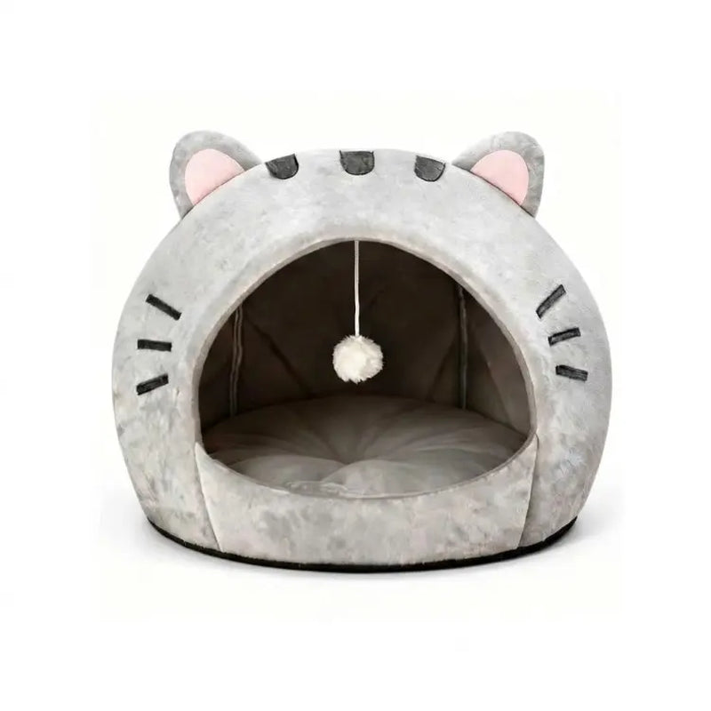 Premium Cozy Cat Cave Bed with Hanging Ball Toy - Semi-Enclosed Kitten House, Washable Inner Pillow, Soft & Breathable Indoor Nest