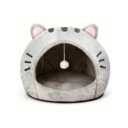Premium Cozy Cat Cave Bed with Hanging Ball Toy - Semi-Enclosed Kitten House, Washable Inner Pillow, Soft & Breathable Indoor Nest