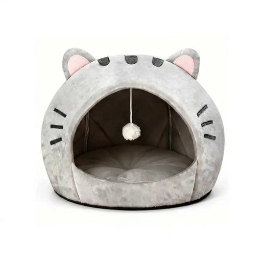 Premium Cozy Cat Cave Bed with Hanging Ball Toy - Semi-Enclosed Kitten House, Washable Inner Pillow, Soft & Breathable Indoor Nest
