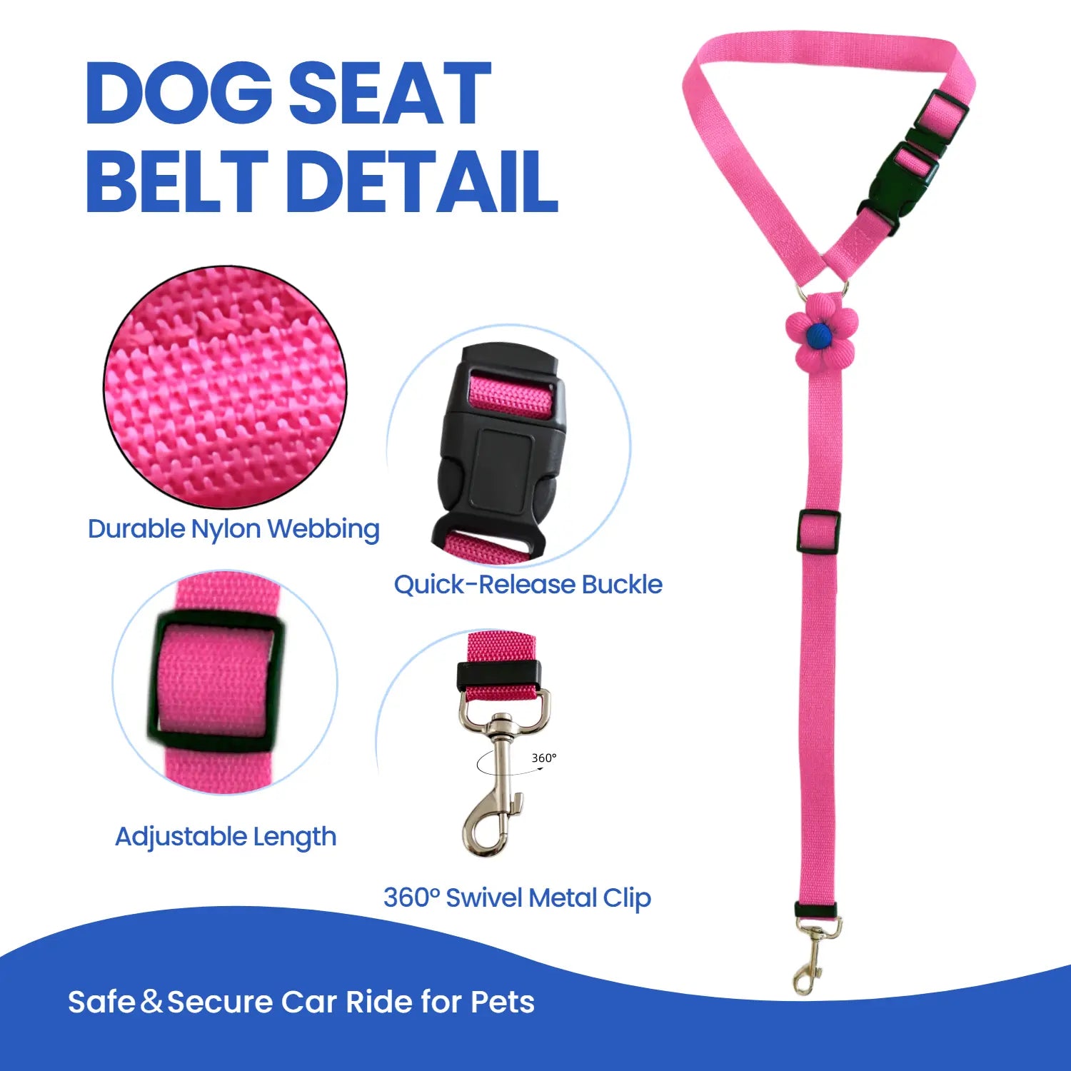 2-Pack Adjustable Dog Car Safety Seat Belt with Cute Leash