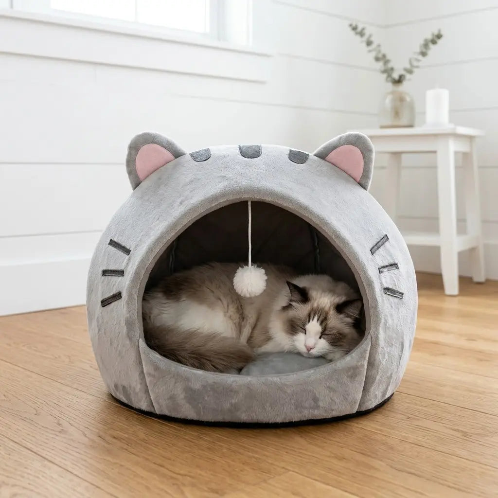 Premium Cozy Cat Cave Bed with Hanging Ball Toy - Semi-Enclosed Kitten House, Washable Inner Pillow, Soft & Breathable Indoor Nest