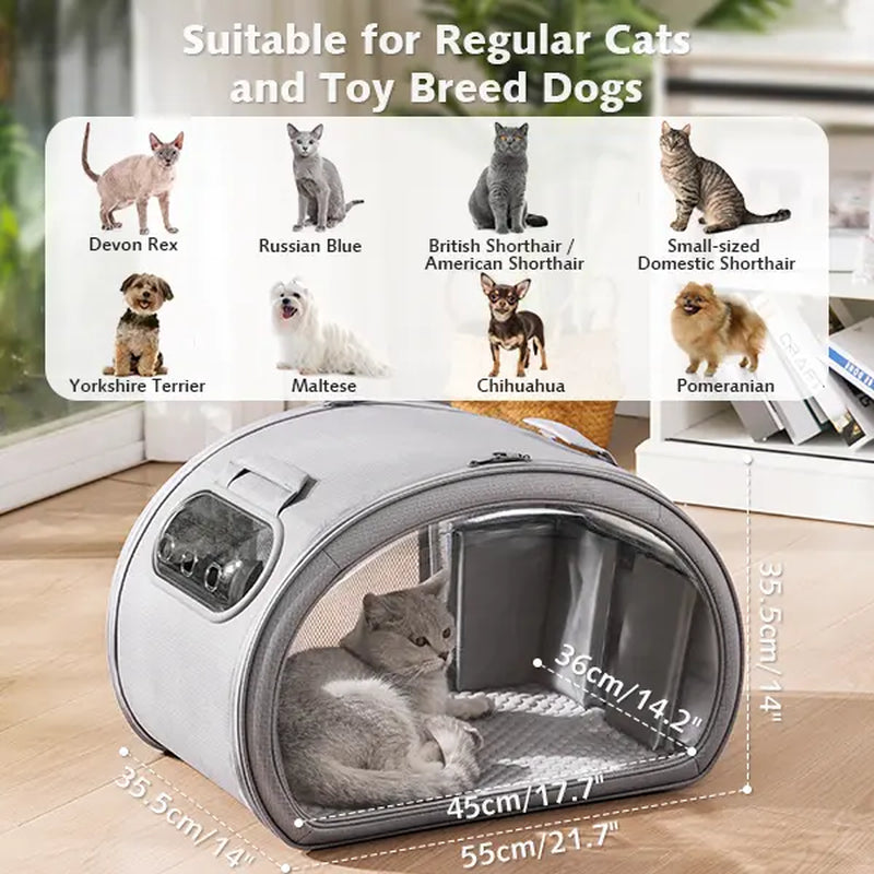 Pecute Pet Cooling House - Portable Bubble View Pod with 2 Sizes (25.6"×16.5"×16.5" L, 21.7"×14"×14" M), Detachable Cooling Blanket, Full-View Window, Insulated Wall, Fiberglass Rods, No-Assembly Design, Fold-Flat for Small Dogs/Cats (Indoor, Travel Use),