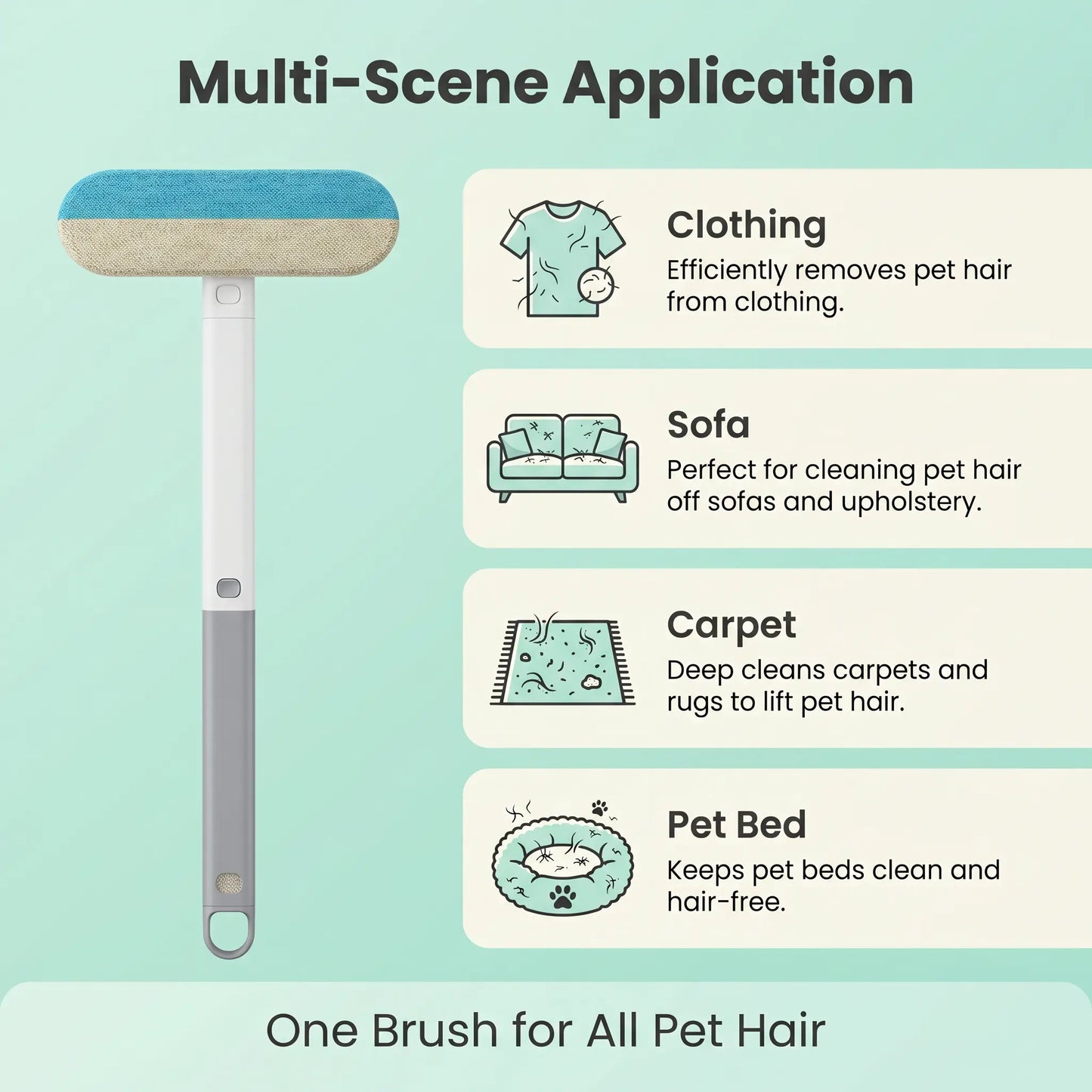 Enhanced Pet Hair Removal Brush with Extended Handle, Versatile Lint Cleaner for Furniture, Bedding, Clothing, and Vehicle Interiors, Washable Multi-Surface Tool
