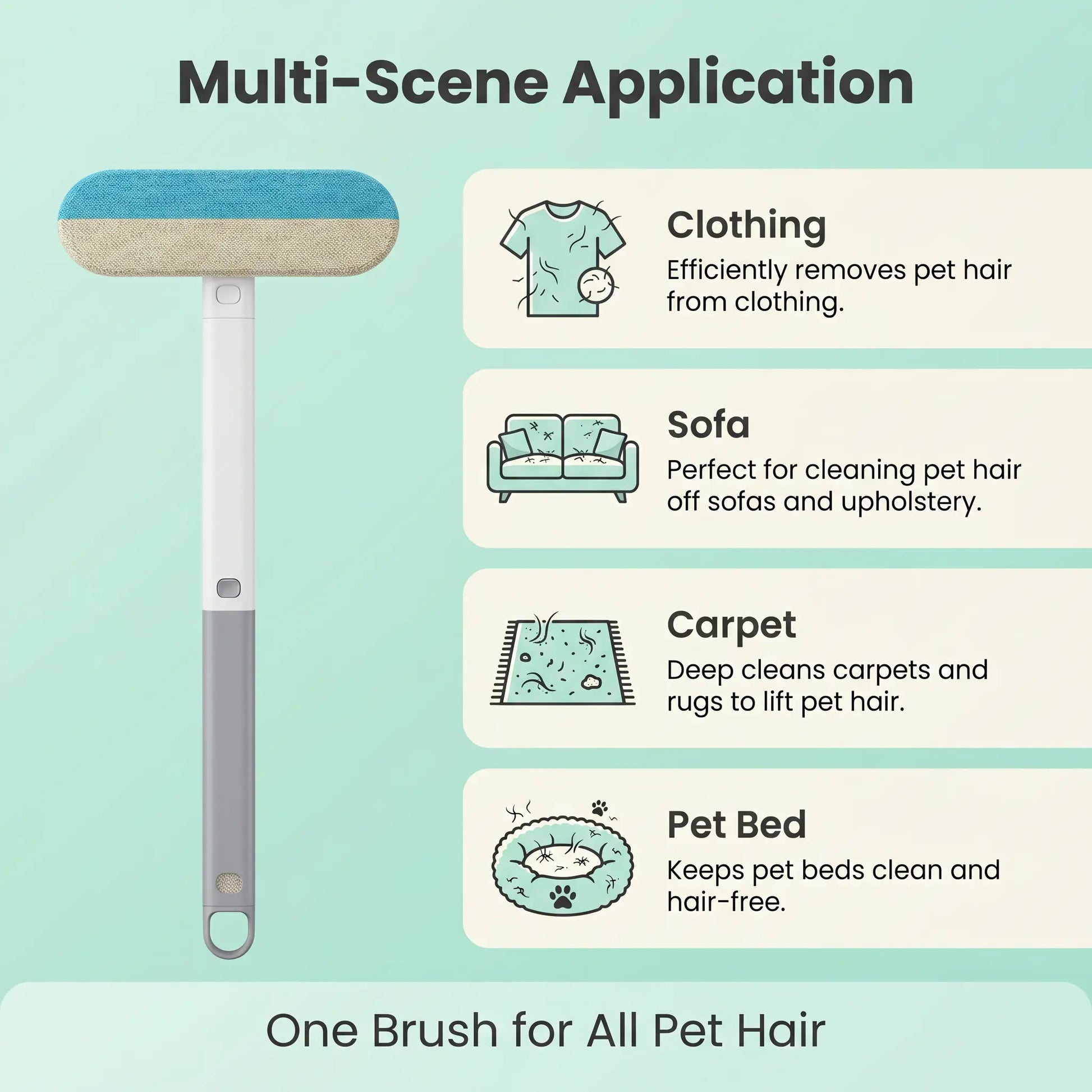 Enhanced Pet Hair Removal Brush with Extended Handle, Versatile Lint Cleaner for Furniture, Bedding, Clothing, and Vehicle Interiors, Washable Multi-Surface Tool