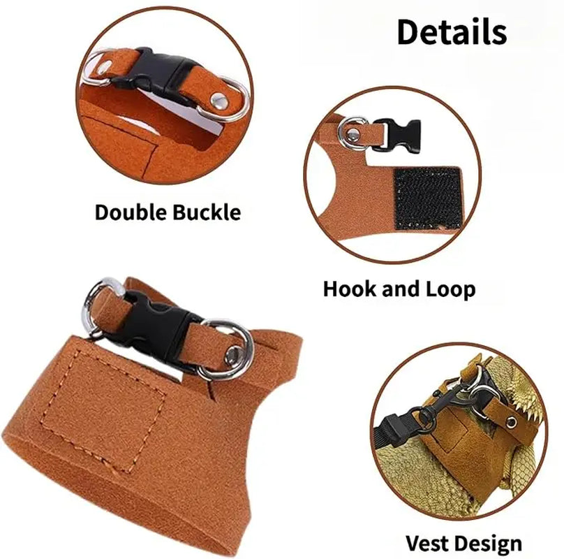 Reptile Harness and Leash Set - Adjustable Microfiber Suede Leather, Available in Three Sizes, No-Pull Full Protection Design for Bearded Dragon Training