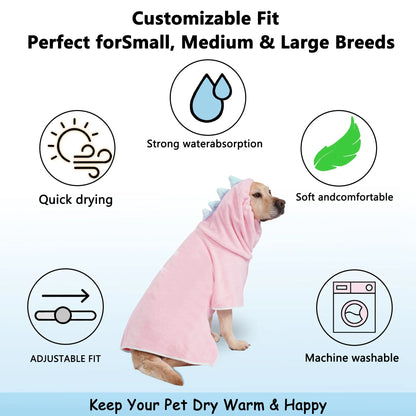 Dinosaur-Themed Quick-Dry Super-Absorbent Dog Bathrobe with Adjustable Straps, Available in Multiple Sizes for Small, Medium, and Large Breeds