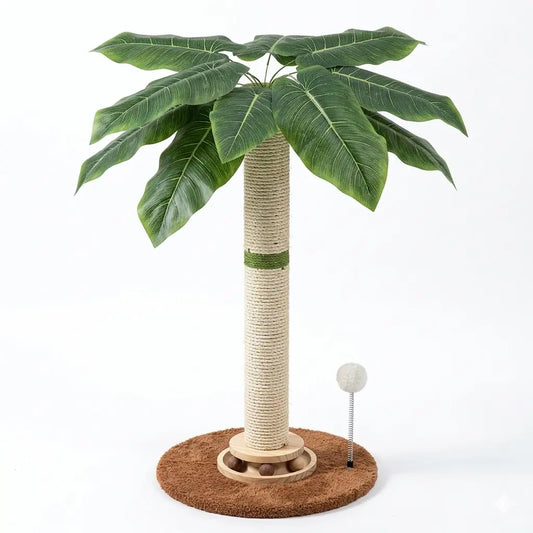 Tropical Leaf Cat Scratching Post - 28" Natural Sisal Rope and Solid Wood Design, Includes Dangling Toy, Safe Indoor Scratcher for Kittens and Adult Cats