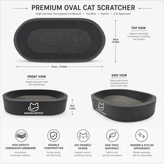 Contemporary Black Oval Cat Scratcher Lounge - Premium Hardened Cardboard Bed and Elegant 2-in-1 Scratching Pad & Nest for Modern Home Decor