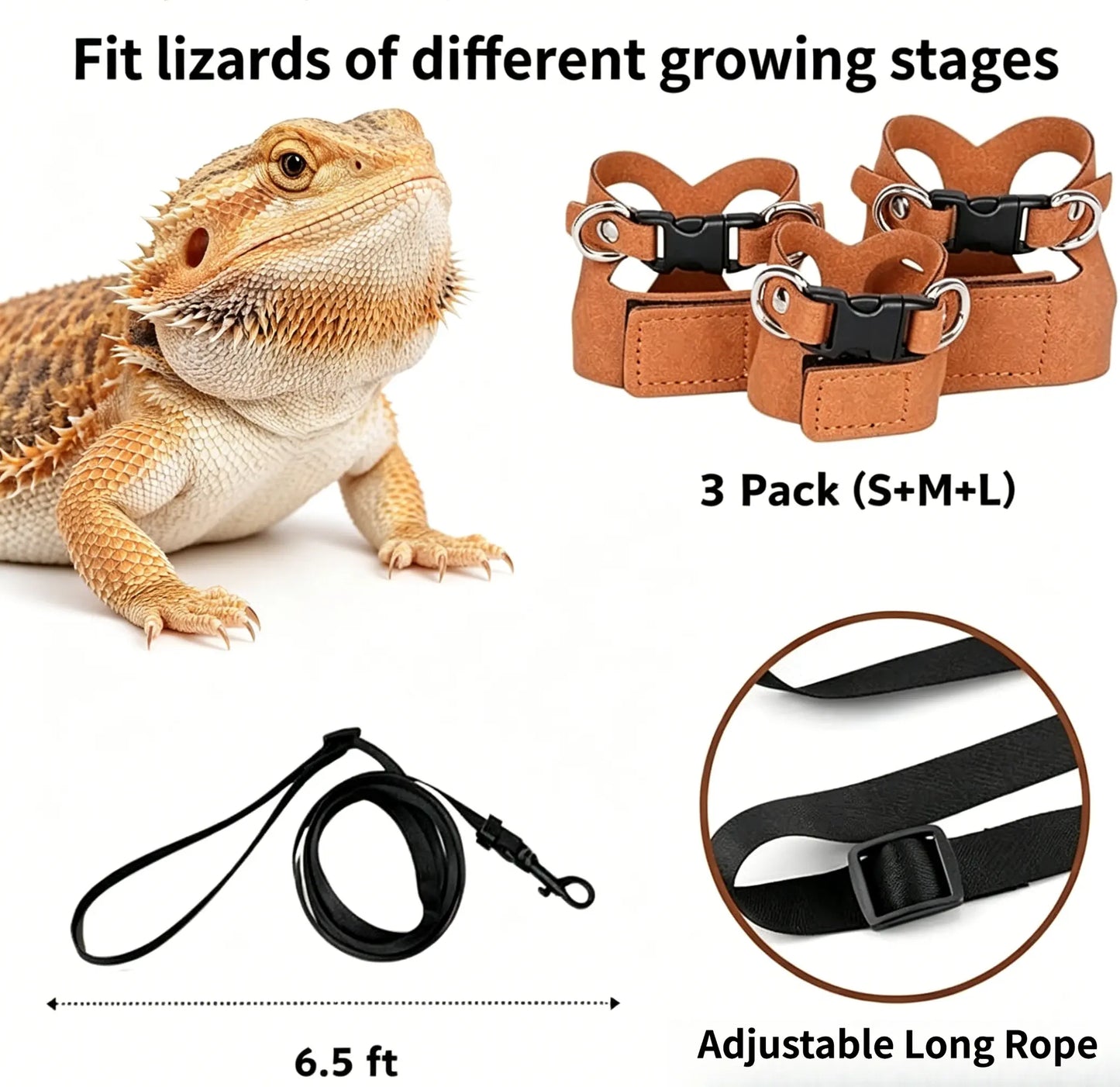 Reptile Harness and Leash Set - Adjustable Microfiber Suede Leather, Available in Three Sizes, No-Pull Full Protection Design for Bearded Dragon Training