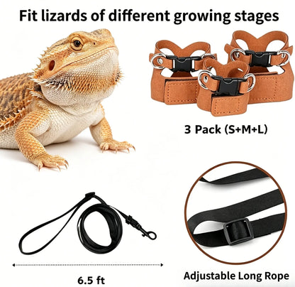 Reptile Harness and Leash Set - Adjustable Microfiber Suede Leather, Available in Three Sizes, No-Pull Full Protection Design for Bearded Dragon Training