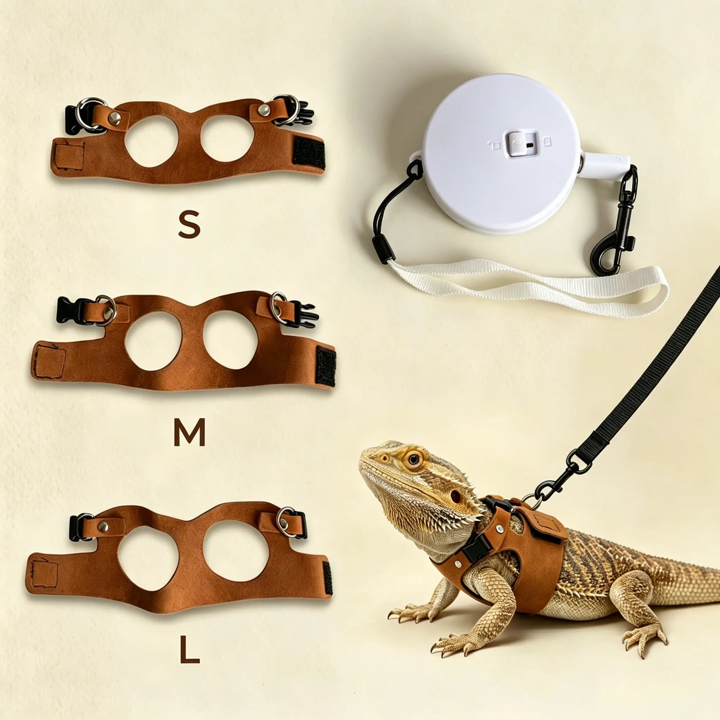 Reptile Harness and Leash Set - Adjustable Microfiber Suede Leather, Available in Three Sizes, No-Pull Full Protection Design for Bearded Dragon Training