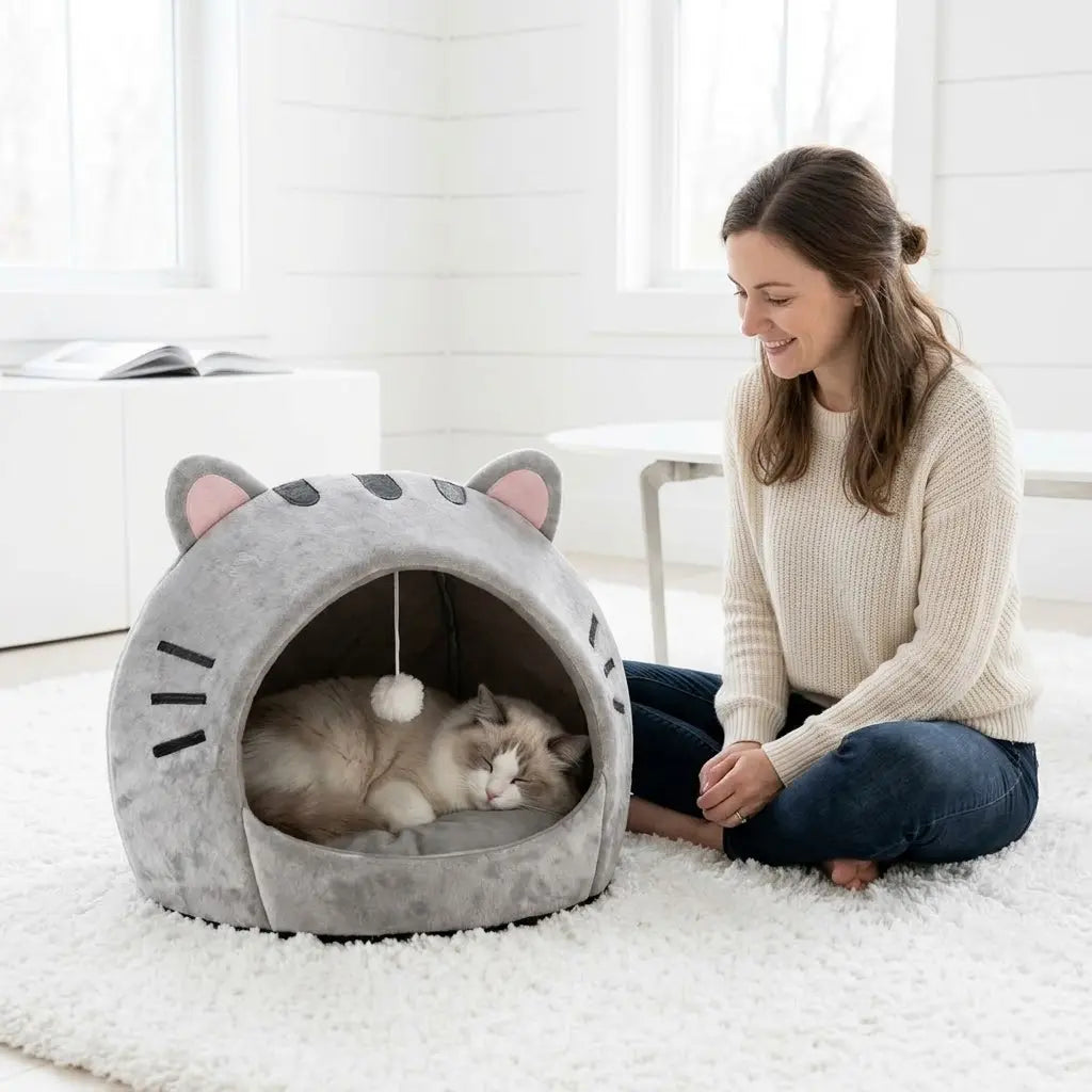 Premium Cozy Cat Cave Bed with Hanging Ball Toy - Semi-Enclosed Kitten House, Washable Inner Pillow, Soft & Breathable Indoor Nest