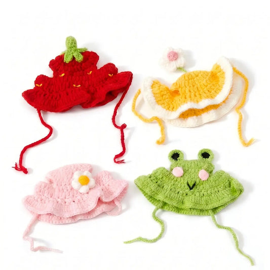 Handmade Knitted Cartoon Pet Hats - Set of 4 for Small Cats and Puppies, Soft Polyester Frog/Cat/Puppy Costume Headwear for Halloween, Birthdays, and Everyday Wear