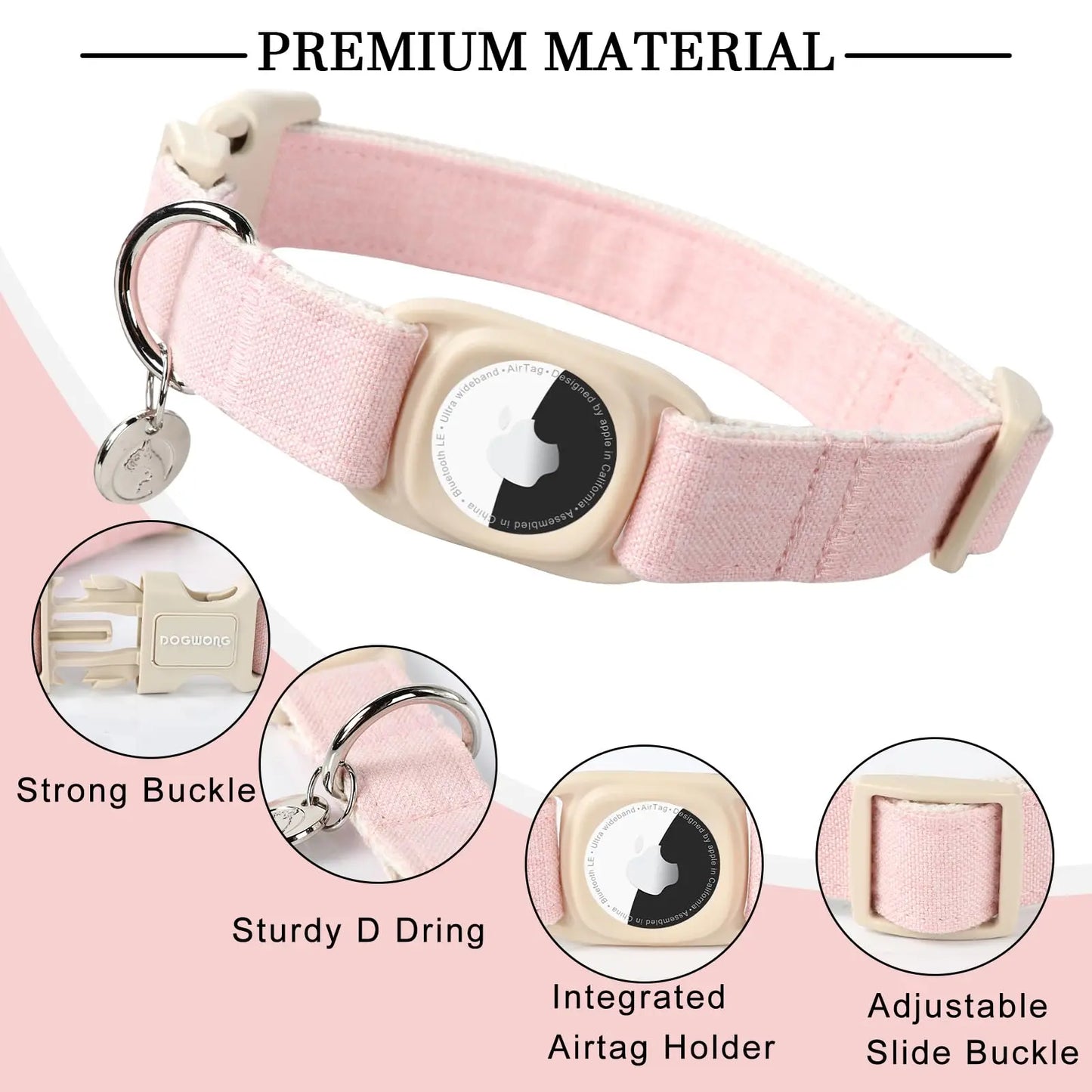 DOGWONG Heavy-Duty Cotton Hemp Dog Collar with Airtag Holder for Small to Large Dogs