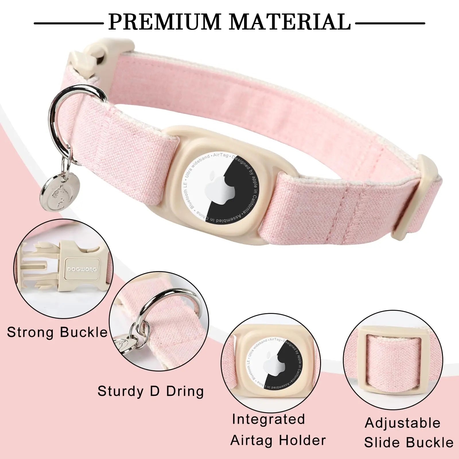 DOGWONG Heavy-Duty Cotton Hemp Dog Collar with Airtag Holder for Small to Large Dogs