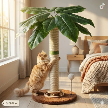 Tropical Leaf Cat Scratching Post - 28" Natural Sisal Rope and Solid Wood Design, Includes Dangling Toy, Safe Indoor Scratcher for Kittens and Adult Cats