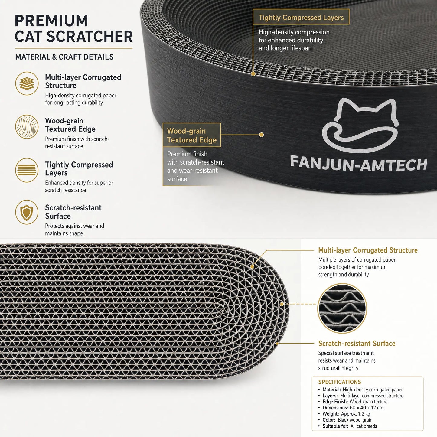 Contemporary Black Oval Cat Scratcher Lounge - Premium Hardened Cardboard Bed and Elegant 2-in-1 Scratching Pad & Nest for Modern Home Decor