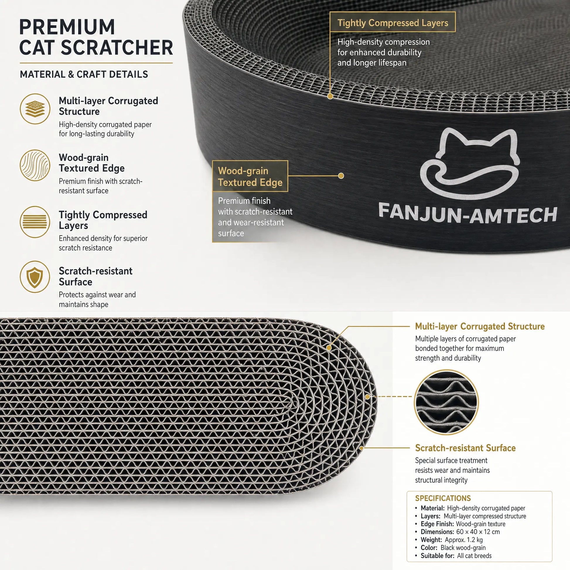 Contemporary Black Oval Cat Scratcher Lounge - Premium Hardened Cardboard Bed and Elegant 2-in-1 Scratching Pad & Nest for Modern Home Decor