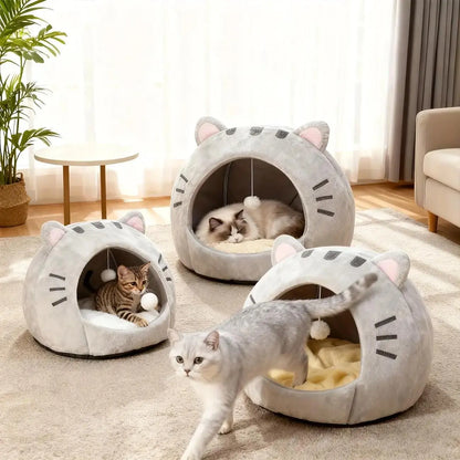 Premium Cozy Cat Cave Bed with Hanging Ball Toy - Semi-Enclosed Kitten House, Washable Inner Pillow, Soft & Breathable Indoor Nest