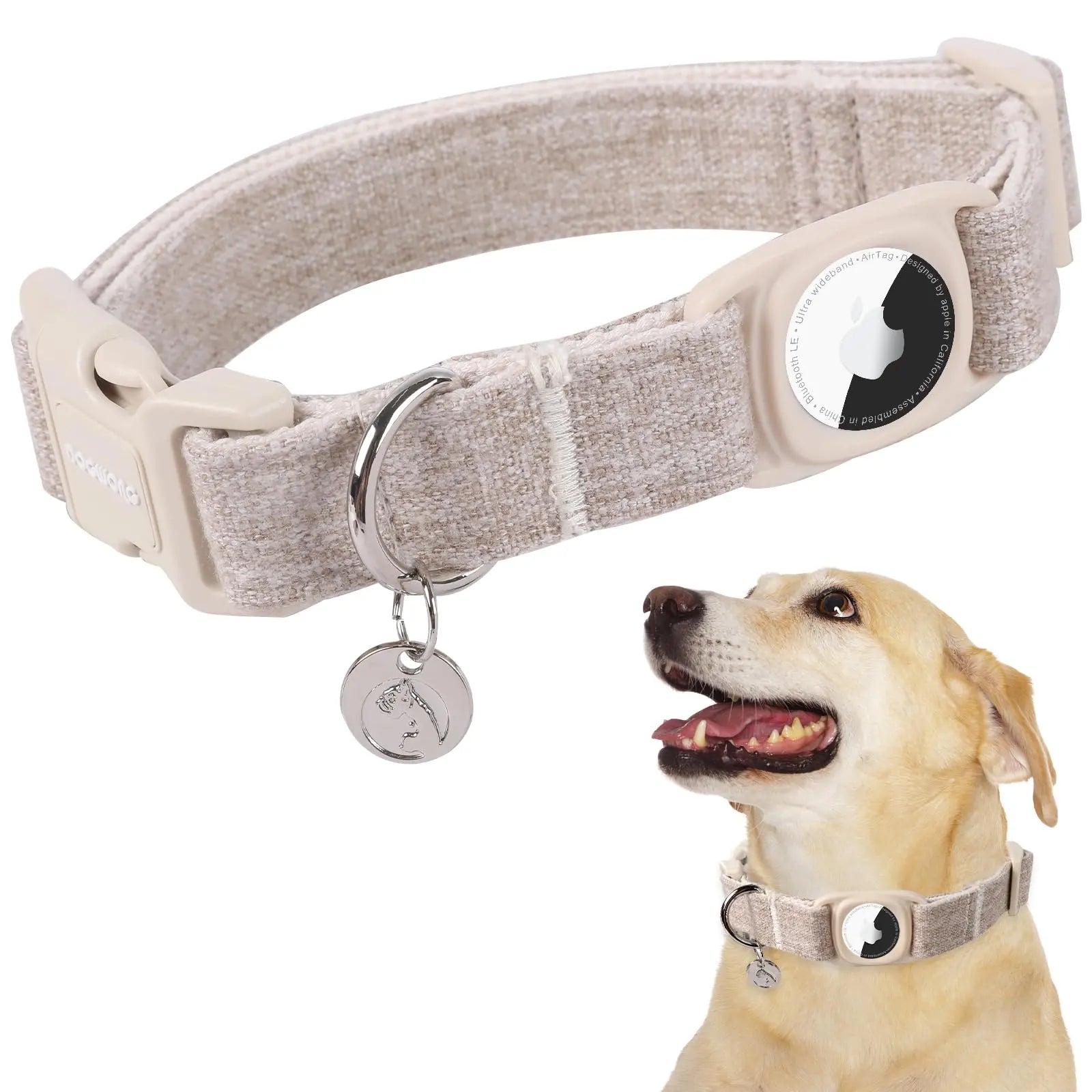 DOGWONG Heavy-Duty Cotton Hemp Dog Collar with Airtag Holder for Small to Large Dogs