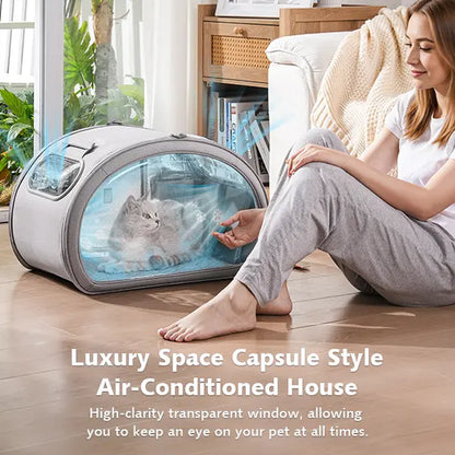 Pecute Pet Cooling House - Portable Bubble View Pod with 2 Sizes (25.6"×16.5"×16.5" L, 21.7"×14"×14" M), Detachable Cooling Blanket, Full-View Window, Insulated Wall, Fiberglass Rods, No-Assembly Design, Fold-Flat for Small Dogs/Cats (Indoor, Travel Use),