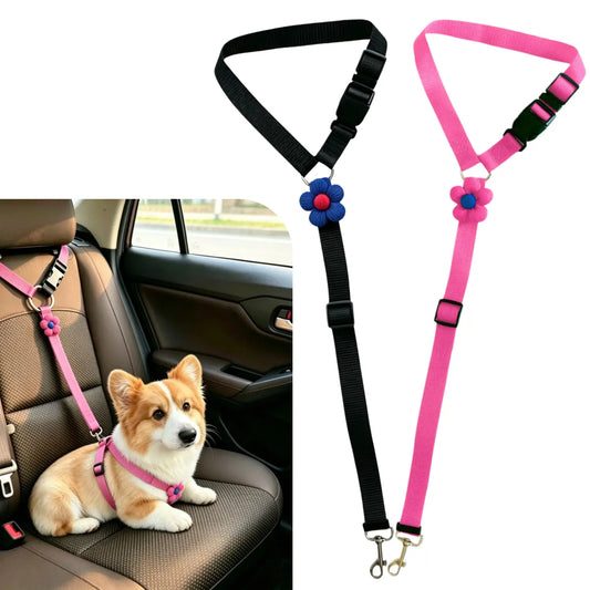 2-Pack Adjustable Dog Car Safety Seat Belt with Cute Leash