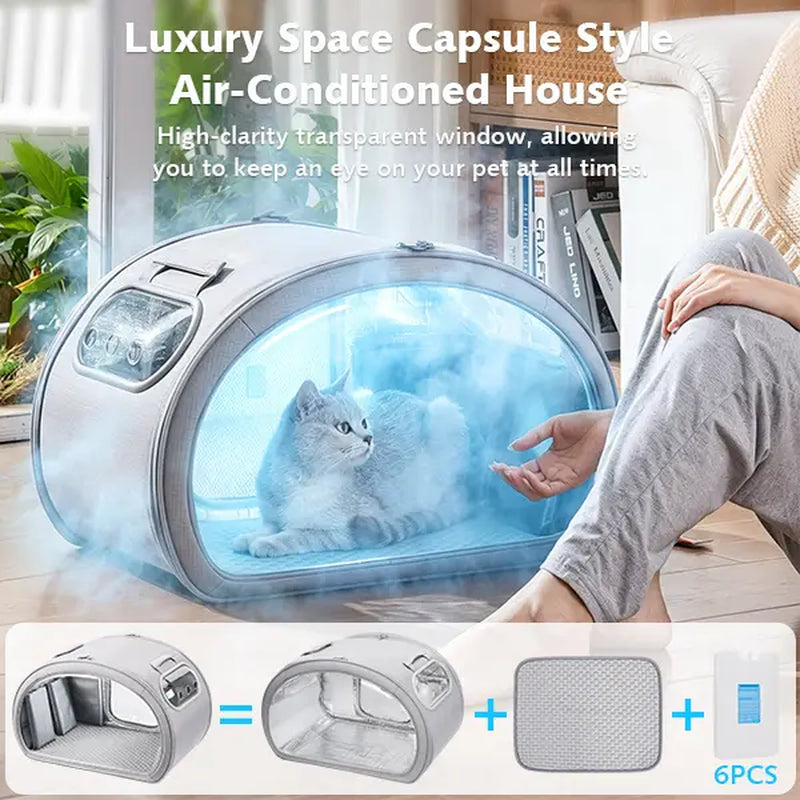 Pecute Pet Cooling House - Portable Bubble View Pod with 2 Sizes (25.6"×16.5"×16.5" L, 21.7"×14"×14" M), Detachable Cooling Blanket, Full-View Window, Insulated Wall, Fiberglass Rods, No-Assembly Design, Fold-Flat for Small Dogs/Cats (Indoor, Travel Use),