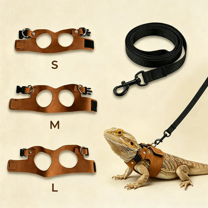 Reptile Harness and Leash Set - Adjustable Microfiber Suede Leather, Available in Three Sizes, No-Pull Full Protection Design for Bearded Dragon Training