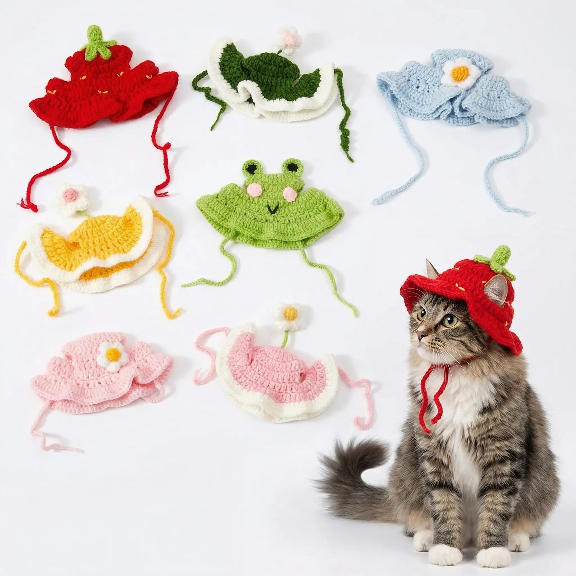 Handmade Knitted Cartoon Pet Hats - Set of 4 for Small Cats and Puppies, Soft Polyester Frog/Cat/Puppy Costume Headwear for Halloween, Birthdays, and Everyday Wear