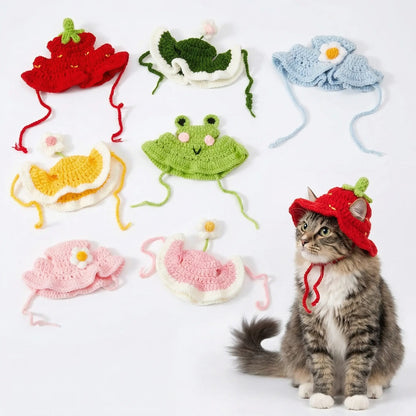 Handmade Knitted Cartoon Pet Hats - Set of 4 for Small Cats and Puppies, Soft Polyester Frog/Cat/Puppy Costume Headwear for Halloween, Birthdays, and Everyday Wear