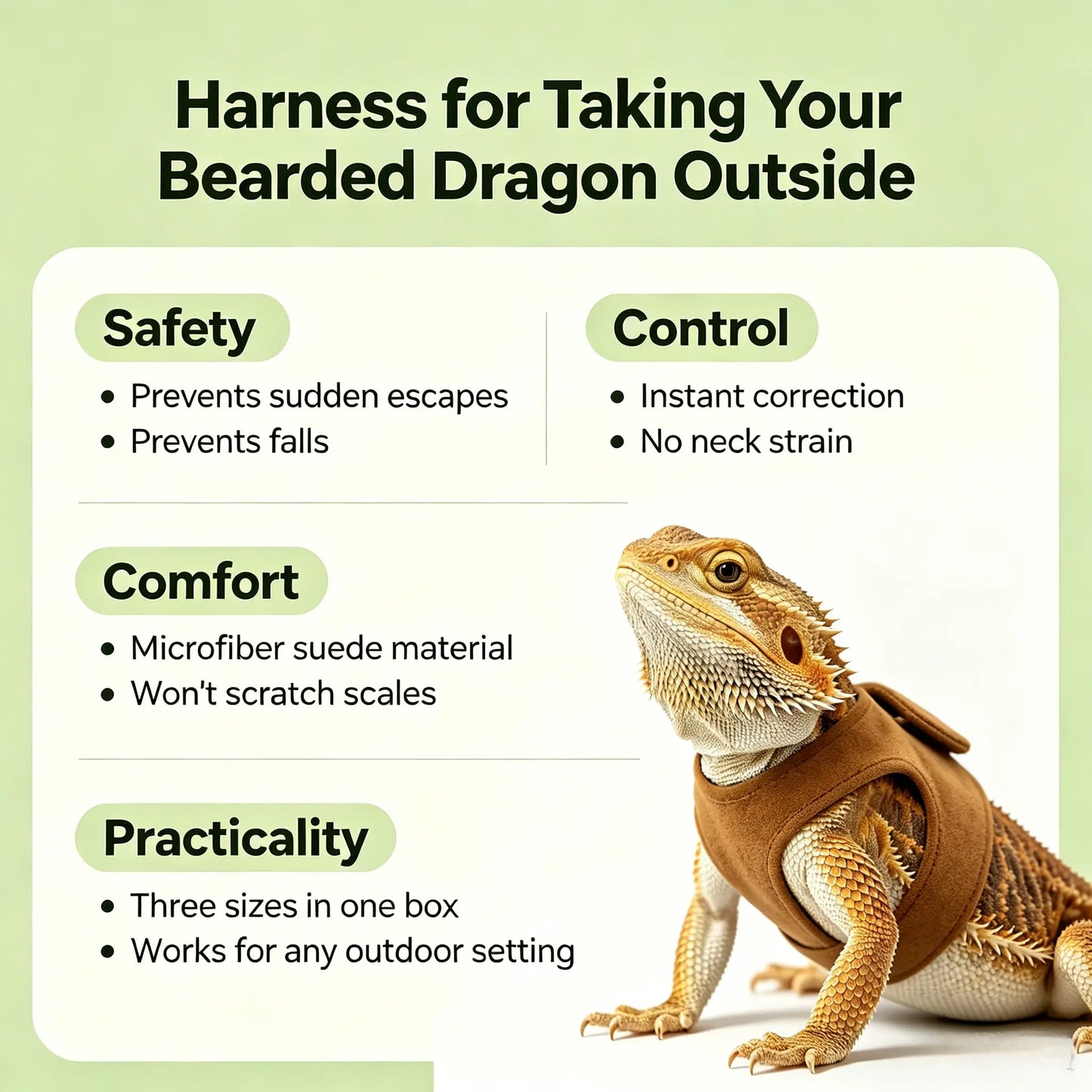 Reptile Harness and Leash Set - Adjustable Microfiber Suede Leather, Available in Three Sizes, No-Pull Full Protection Design for Bearded Dragon Training