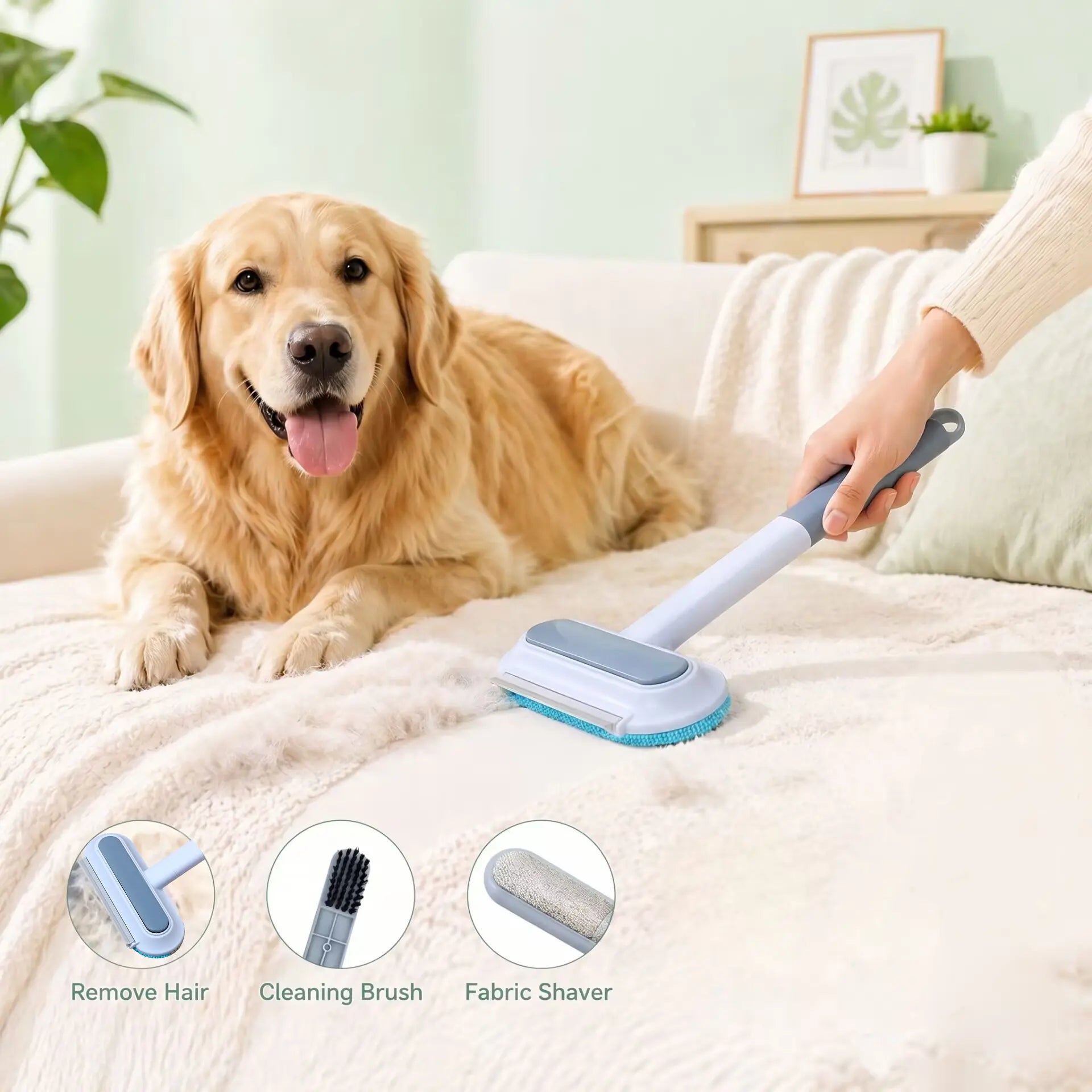 Enhanced Pet Hair Removal Brush with Extended Handle, Versatile Lint Cleaner for Furniture, Bedding, Clothing, and Vehicle Interiors, Washable Multi-Surface Tool
