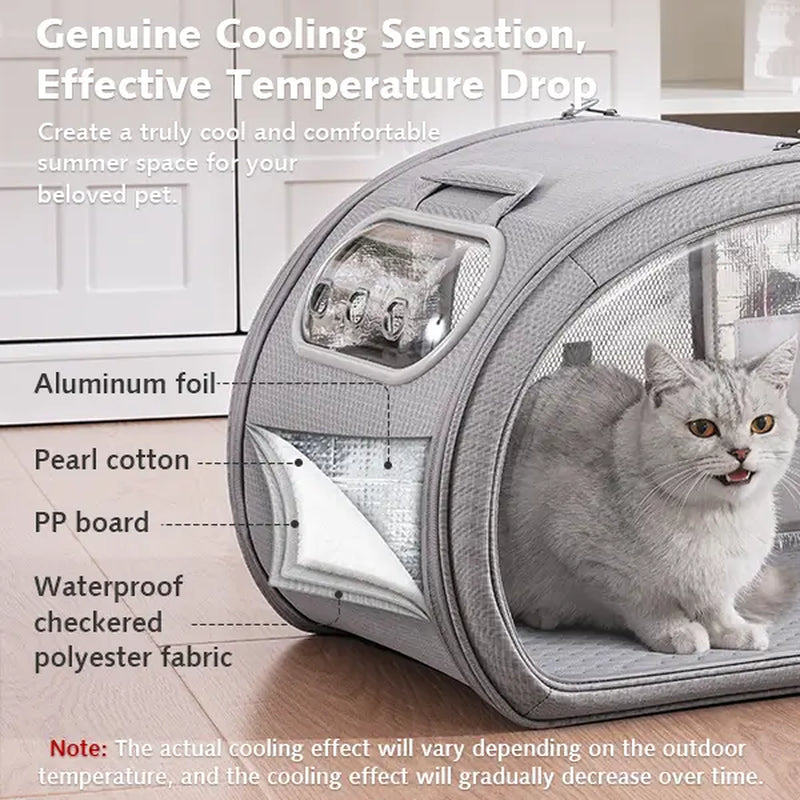 Pecute Pet Cooling House - Portable Bubble View Pod with 2 Sizes (25.6"×16.5"×16.5" L, 21.7"×14"×14" M), Detachable Cooling Blanket, Full-View Window, Insulated Wall, Fiberglass Rods, No-Assembly Design, Fold-Flat for Small Dogs/Cats (Indoor, Travel Use),