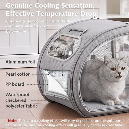 Pecute Pet Cooling House - Portable Bubble View Pod with 2 Sizes (25.6"×16.5"×16.5" L, 21.7"×14"×14" M), Detachable Cooling Blanket, Full-View Window, Insulated Wall, Fiberglass Rods, No-Assembly Design, Fold-Flat for Small Dogs/Cats (Indoor, Travel Use),