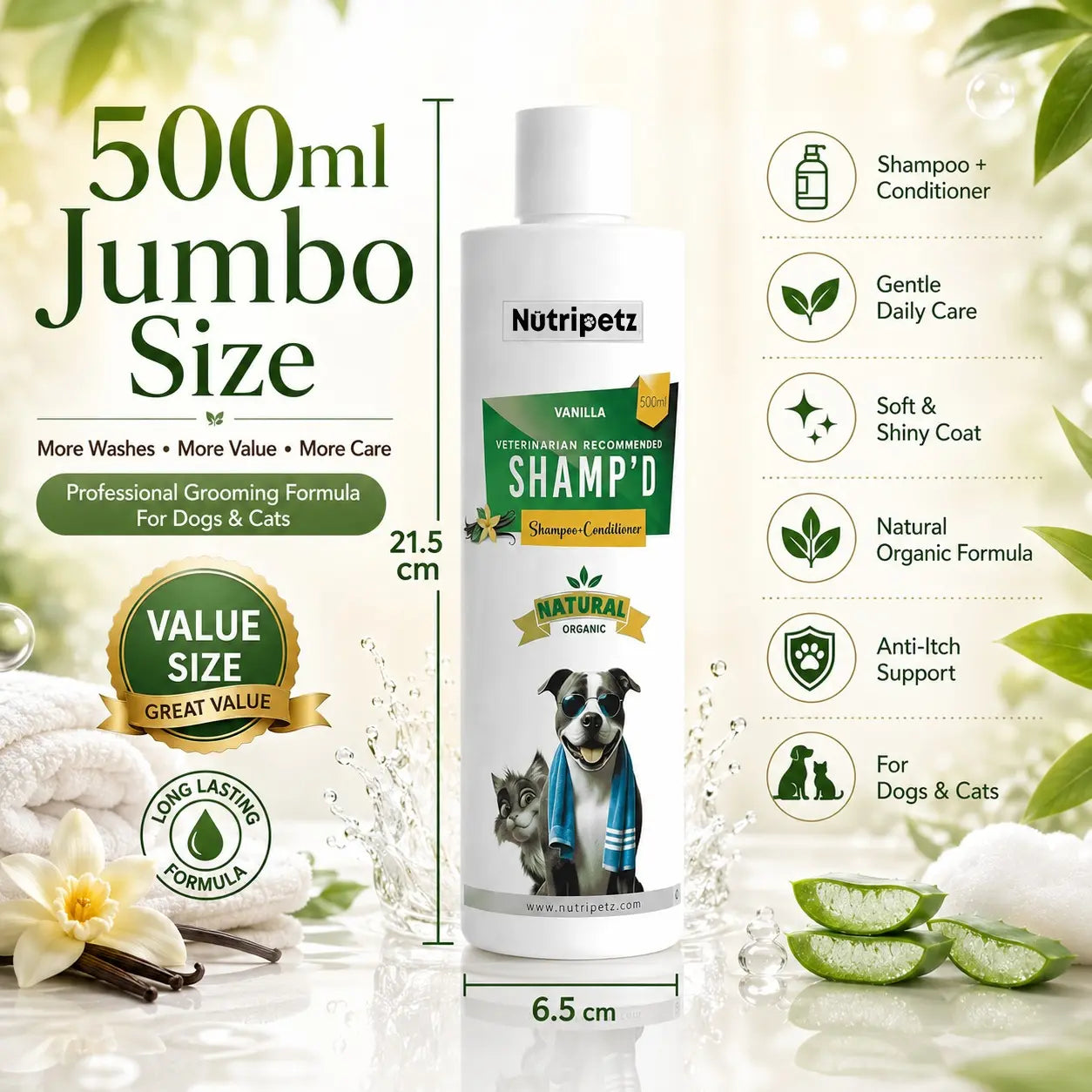 2-in-1 Pet Shampoo and Conditioner for Dogs and Cats – 500 ML Natural Aloe Vera and Coconut Formula | Anti-Itch Moisturizing Grooming Wash