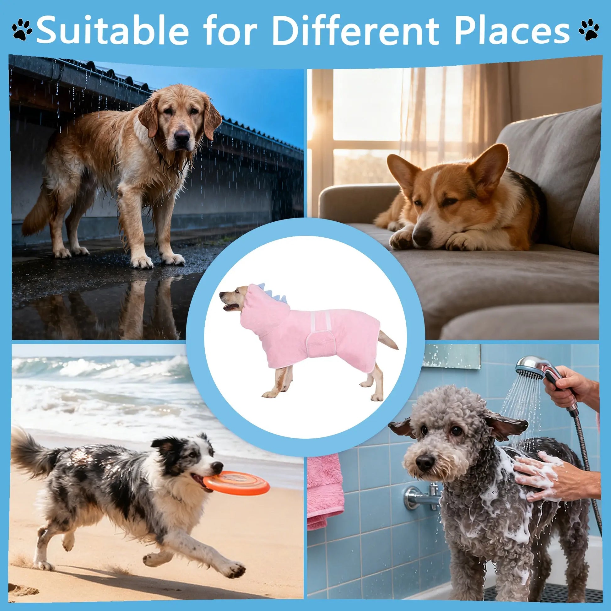 Dinosaur-Themed Quick-Dry Super-Absorbent Dog Bathrobe with Adjustable Straps, Available in Multiple Sizes for Small, Medium, and Large Breeds