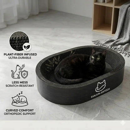 Contemporary Black Oval Cat Scratcher Lounge - Premium Hardened Cardboard Bed and Elegant 2-in-1 Scratching Pad & Nest for Modern Home Decor