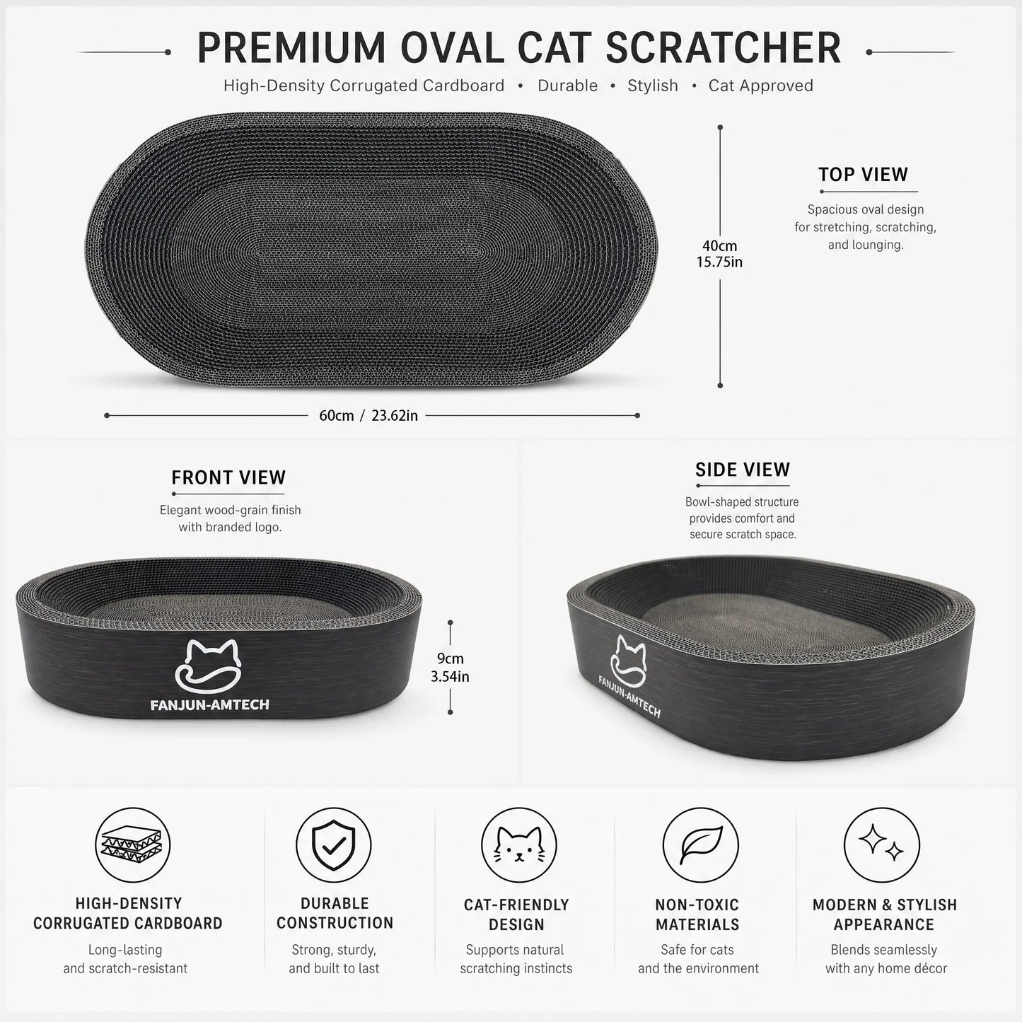Contemporary Black Oval Cat Scratcher Lounge - Premium Hardened Cardboard Bed and Elegant 2-in-1 Scratching Pad & Nest for Modern Home Decor