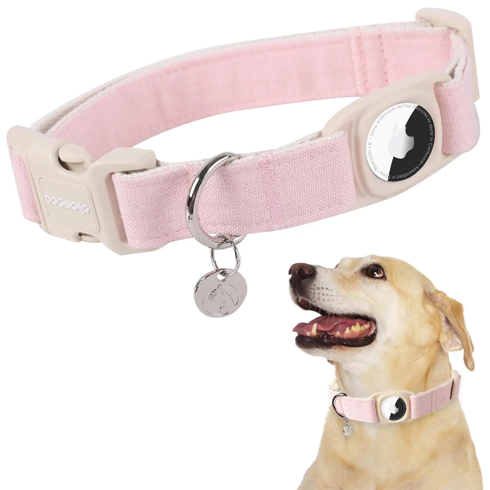 DOGWONG Heavy-Duty Cotton Hemp Dog Collar with Airtag Holder for Small to Large Dogs