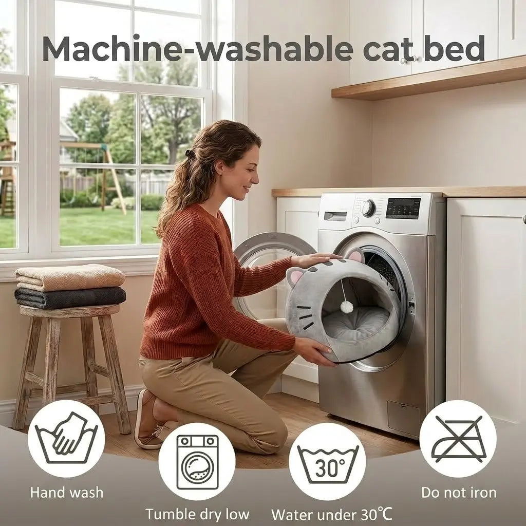 Premium Cozy Cat Cave Bed with Hanging Ball Toy - Semi-Enclosed Kitten House, Washable Inner Pillow, Soft & Breathable Indoor Nest