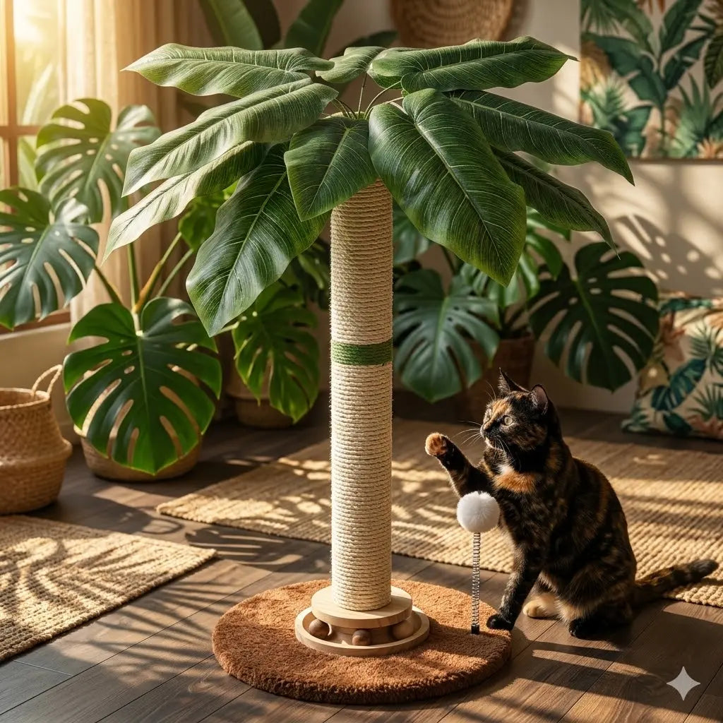 Tropical Leaf Cat Scratching Post - 28" Natural Sisal Rope and Solid Wood Design, Includes Dangling Toy, Safe Indoor Scratcher for Kittens and Adult Cats