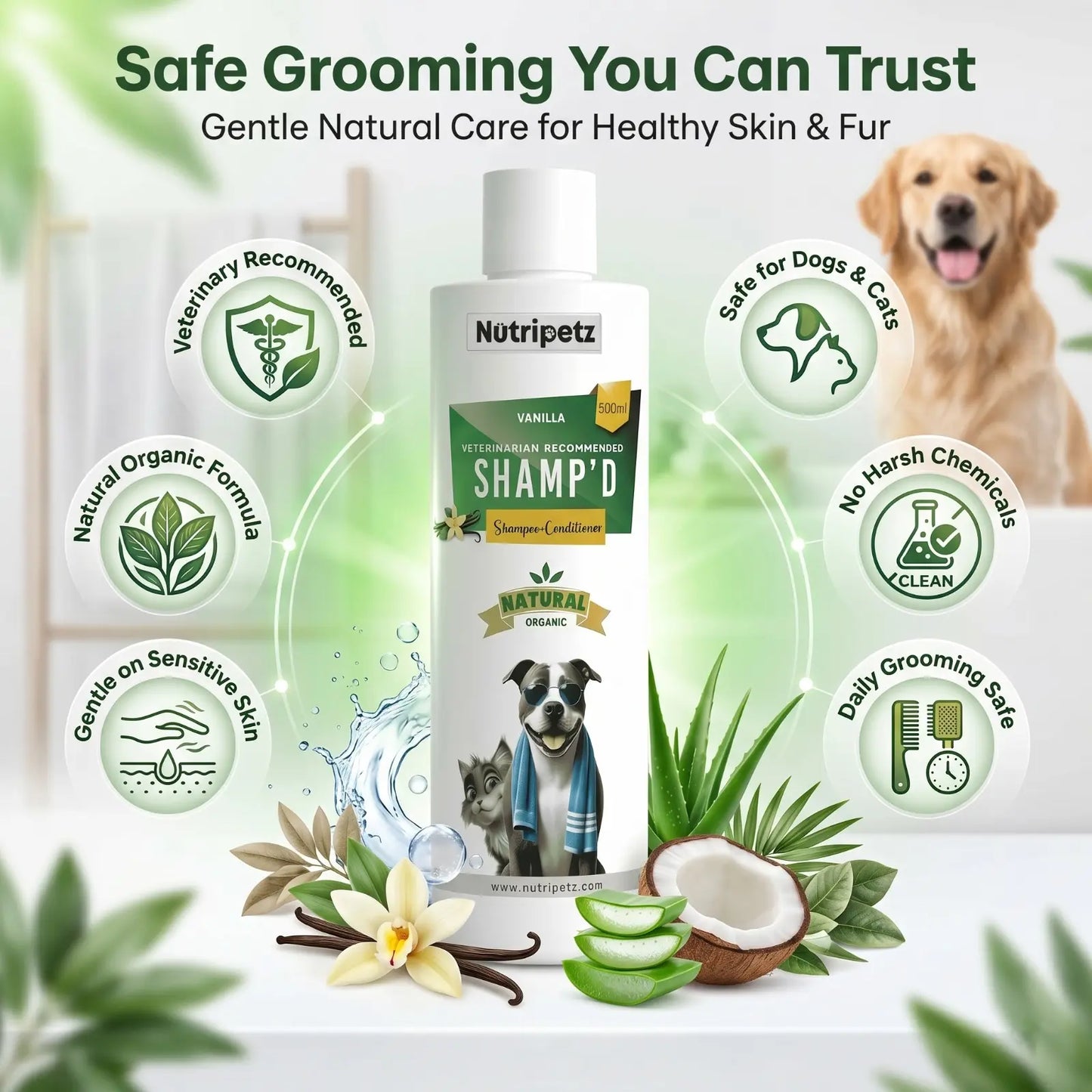 2-in-1 Pet Shampoo and Conditioner for Dogs and Cats – 500 ML Natural Aloe Vera and Coconut Formula | Anti-Itch Moisturizing Grooming Wash