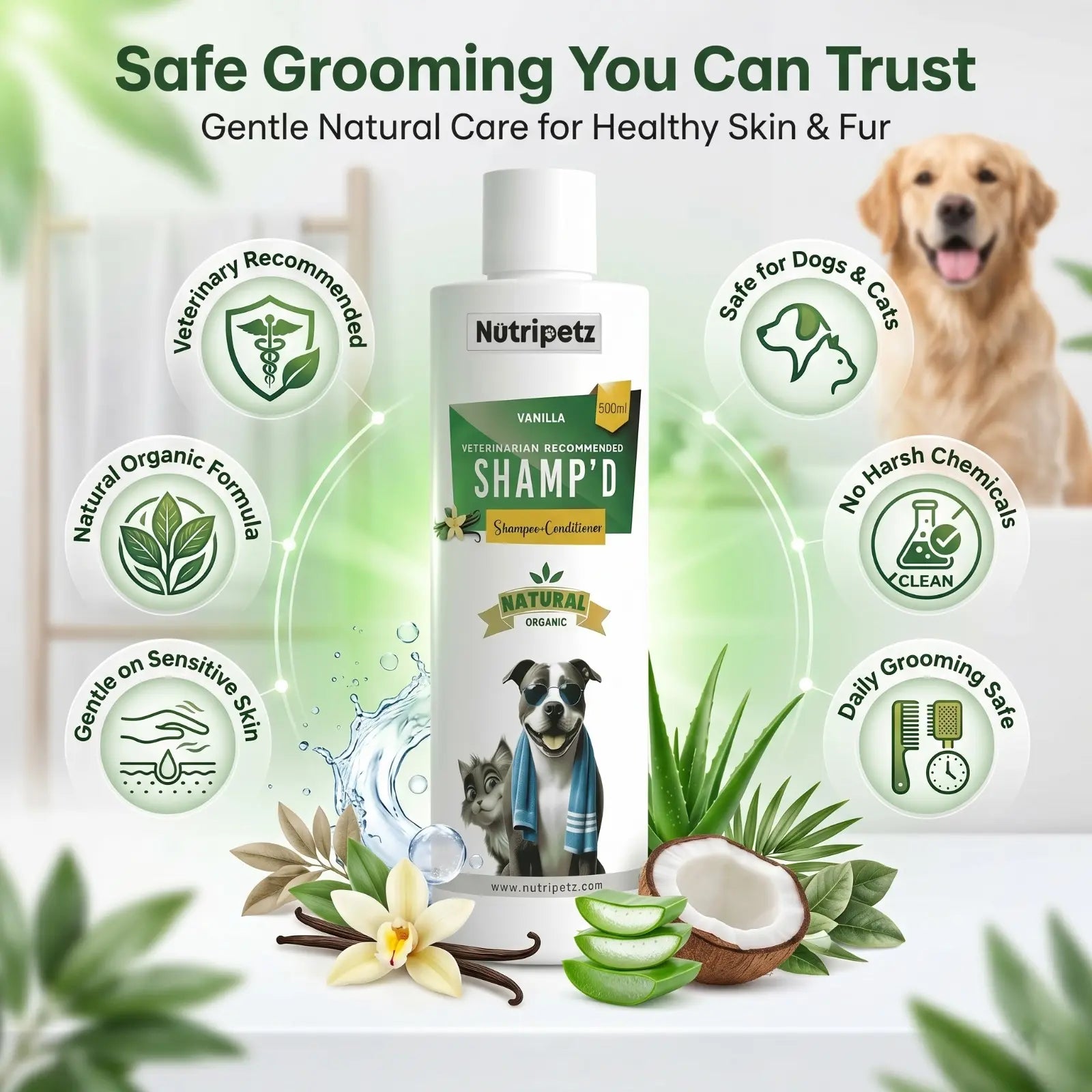 2-in-1 Pet Shampoo and Conditioner for Dogs and Cats – 500 ML Natural Aloe Vera and Coconut Formula | Anti-Itch Moisturizing Grooming Wash
