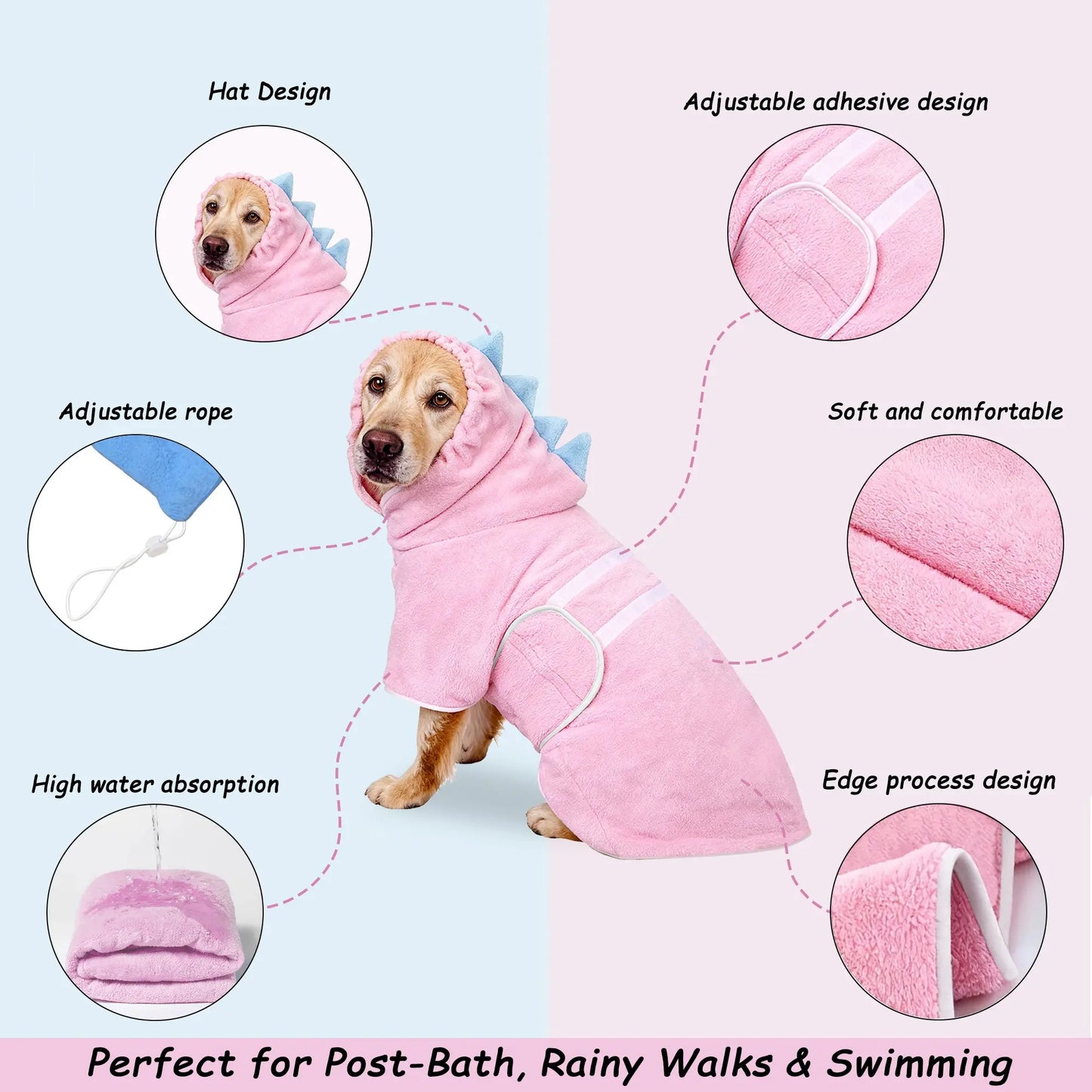 Dinosaur-Themed Quick-Dry Super-Absorbent Dog Bathrobe with Adjustable Straps, Available in Multiple Sizes for Small, Medium, and Large Breeds